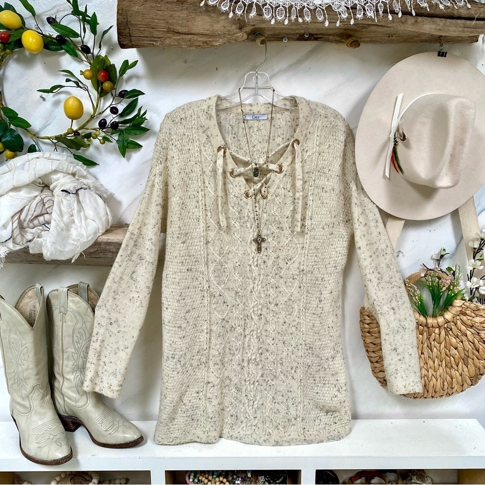 Summer lounge snowy fox lace up cabin boho cable knit long sweater country vibe